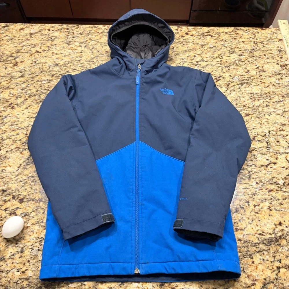 The North Face Boys WindWall Hooded Jacket Blue Colorblock Size L 14/16 Ripstop